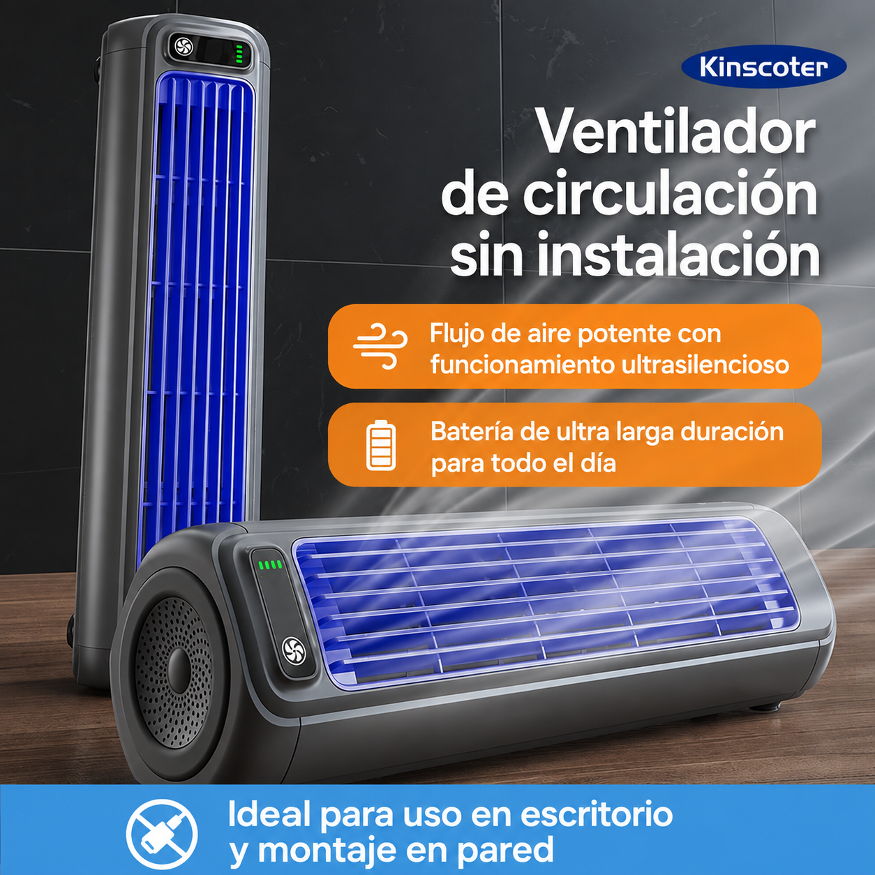 Ventilador de Torre Portátil KINSCOTER Recargable de 2000 mAh | Ultra Silencioso | Instalación en Pared sin Taladros | 3 Velocidades Ajustables