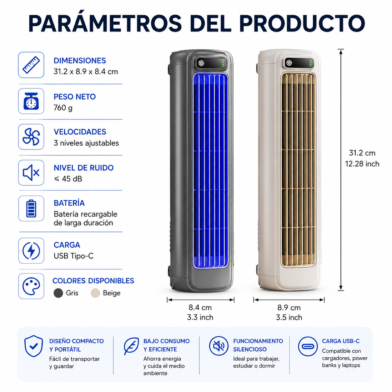 Ventilador de Torre Portátil KINSCOTER Recargable de 2000 mAh | Ultra Silencioso | Instalación en Pared sin Taladros | 3 Velocidades Ajustables