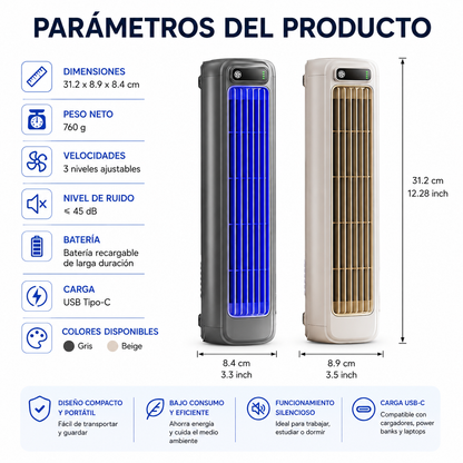 Ventilador de Torre Portátil KINSCOTER Recargable de 2000 mAh | Ultra Silencioso | Instalación en Pared sin Taladros | 3 Velocidades Ajustables