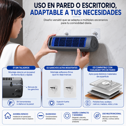 Ventilador de Torre Portátil KINSCOTER Recargable de 2000 mAh | Ultra Silencioso | Instalación en Pared sin Taladros | 3 Velocidades Ajustables