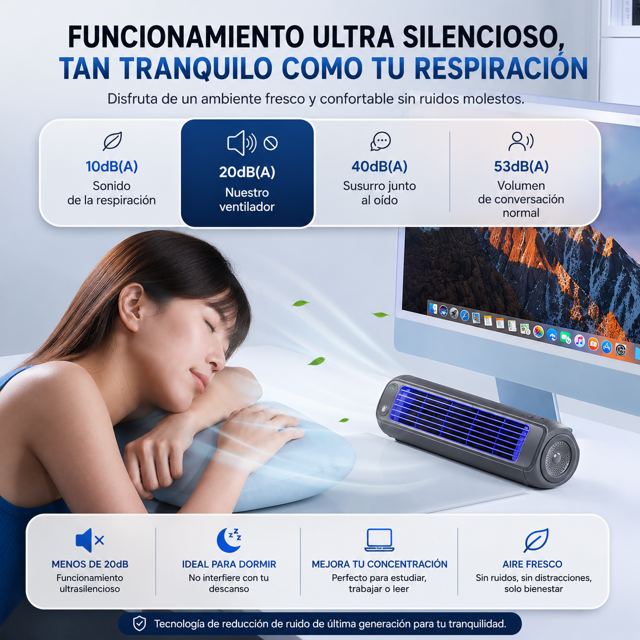 Ventilador de Torre Portátil KINSCOTER Recargable de 2000 mAh | Ultra Silencioso | Instalación en Pared sin Taladros | 3 Velocidades Ajustables
